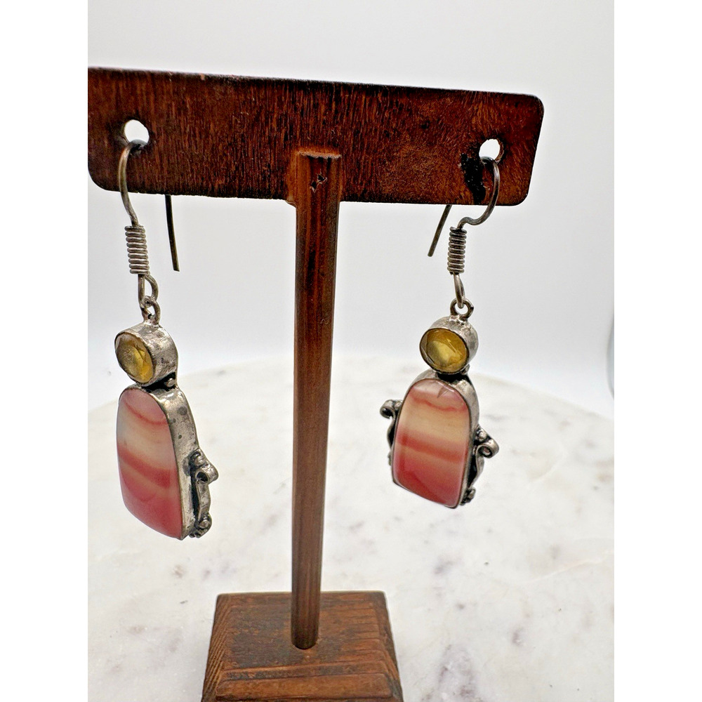 Pink Striped Agate Earrings on a wire with topaz set in sterling silver - Picture 2 of 7